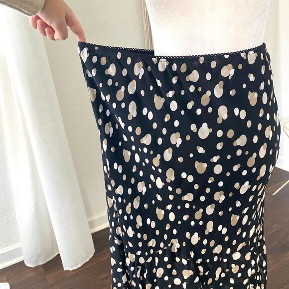 Early 2000's Cream White Polkadot Black Mesh Tiered Frilly Midi Skirt 14 / L - Picture 4 of 7